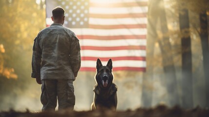 Overview of a wide scene displaying the poignant image of a military man's back with a service German Shepherd, standing against the US flag on Veterans Day.