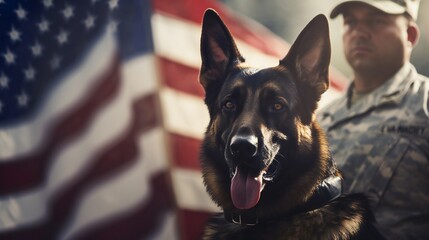 Overview of a wide scene displaying the powerful symbolism of a military man and a service German Shepherd against the US flag, honoring Veterans Day.