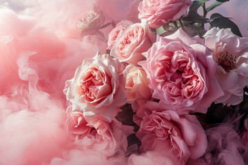 Close up pattern of pastel pink roses with pink smoke, festive greeting card