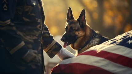 Overview of a wide scene displaying the camaraderie between a military man and his service German Shepherd, paying tribute to Veterans Day with the US flag. . - obrazy, fototapety, plakaty