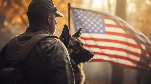 Panoramic shot presenting a poignant image of a military man's back with a service German Shepherd, standing proudly in front of the US flag on Veterans Day.