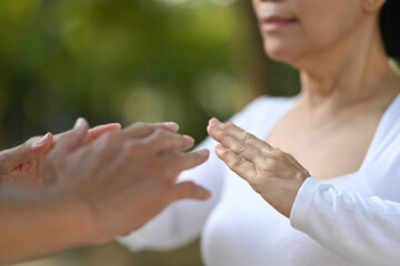 Senior couple doing Tai Chi exercises or Qigong for healthy flexible body in park. Balance and...