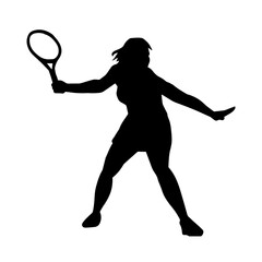 Silhouette of a female tennis player in action pose. Silhouette of a woman playing tennis sport with racket.