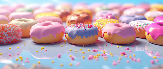 Colorful Donuts with Various Icings and Sprinkles on a Reflective Surface