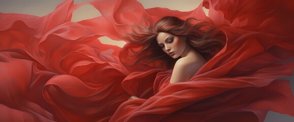 Crimson red silk billowing in the wind, creating a dynamic and dramatic composition