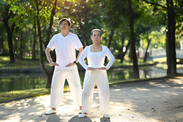 Full length active middle age couple doing Qi Gong or Tai Chi exercise in the park.