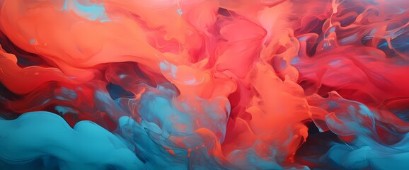Explosive waves of molten lava red and cool cerulean blue colliding, creating a vivid spectacle of liquid movement on an abstract canvas.