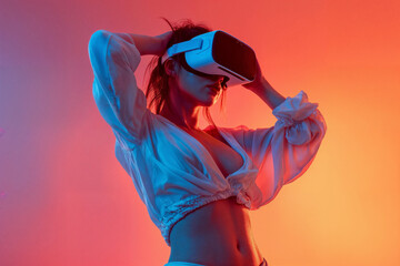 Young Woman Engaging with Virtual Reality Technology Against Vibrant Background