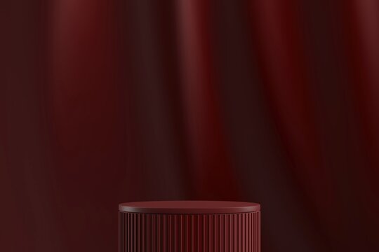 Red cylindrical platform on red velvet curtain background. Abstract background for product presentation. 3D rendering