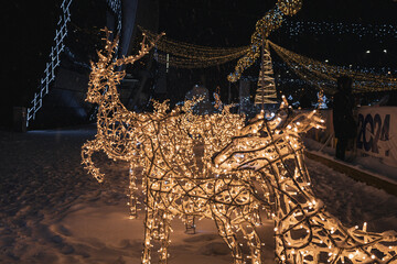 Kyiv, Ukraine - January 3, 2024: New Year location in Kyiv. Christmas tree made of lights, deer and bears. people come to the rink with friends and families