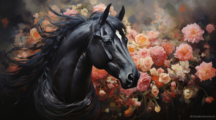 A painting of a black horse with flowers