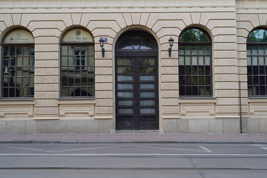 old vintage storefront facade , Polish building entrance , commercial  vitrine template