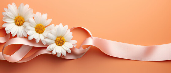 Chamomile Elegance with Satin Coral Ribbon on a Warm Peach Backdrop