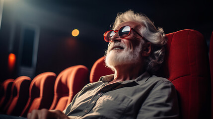 Senior man watching a funny comedy movie at the cinema, he is laughing and eating popcorn - obrazy, fototapety, plakaty