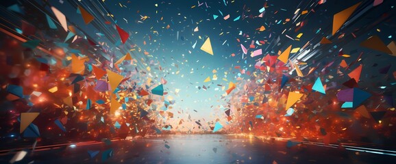 Falling confetti and abstract shapes converge, forming a visually stunning scene perfect for an...