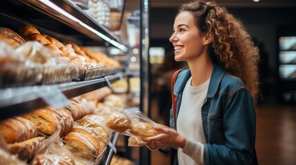 Happy woman choosing bread in supermarket - obrazy, fototapety, plakaty