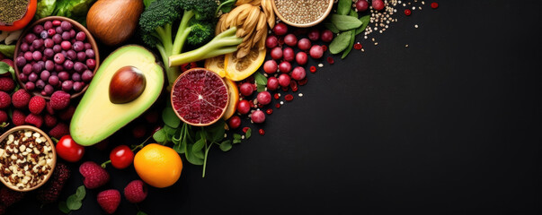 Top view of colorful vegetable and fruit mix with nuts with dark background. Healthy food concept. Fresh vegetable, raw food. Copy space for free text