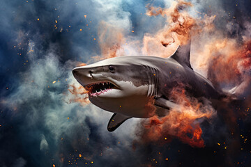 Great white shark in underwater life sea is dark on background - obrazy, fototapety, plakaty