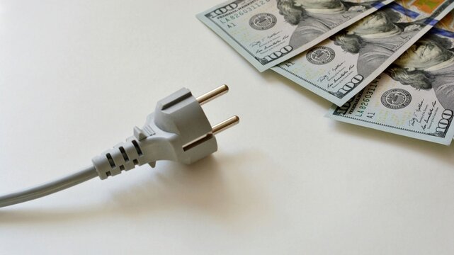 Electrical plug with cable and dollar bills on a white background. Electricity bill saving concept. The concept of attracting money energy.