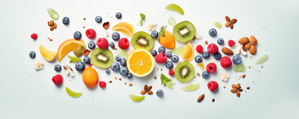 Top view of colorful fruit mix with nuts in white background. Healthy breakfast concept. Fresh...