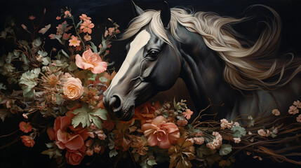 A painting of a horse with flowers
