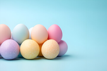 Multicolored Easter eggs on a soft blue background, perfect for spring and holiday themes
