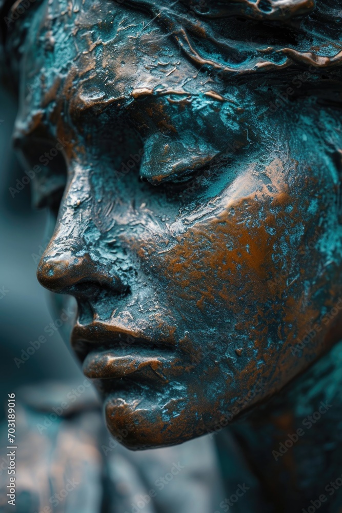 Poster a close-up shot of a statue of a woman. this image can be used for various purposes