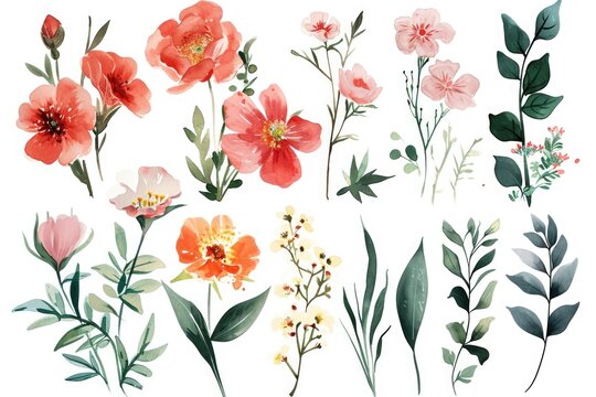 A collection of beautiful watercolor flowers painted on a white background. This versatile image can be used for various purposes