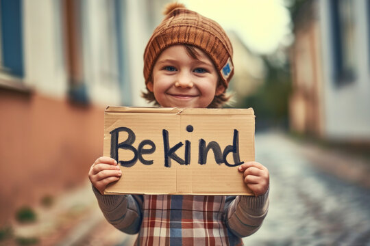 Be kind concept image with a young child kid holding a sign with written english words Be Kind and warm colors