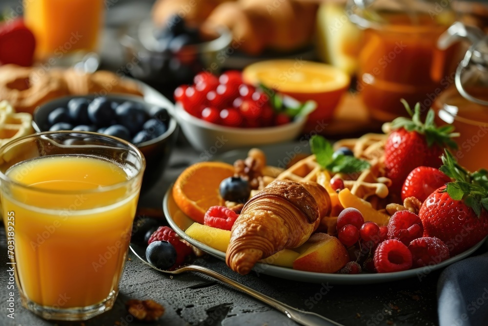 Wall mural A simple composition featuring a plate of various fruits and a refreshing glass of orange juice. Perfect for promoting healthy eating or showcasing a delicious breakfast option