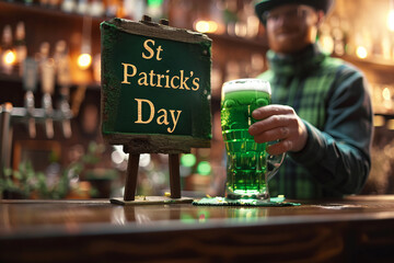 Saint Patrick's day holiday concept image with an irish man with a green beer glass and sign with written St Patrick's inside a bar - obrazy, fototapety, plakaty