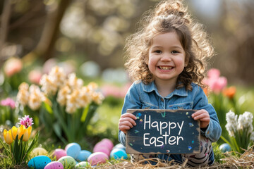 Happy easter concept image with a child kid holding a sign board with written english words Happy Easter in spring garden surrounded by colorful painted easter eggs