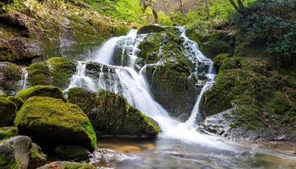 A beautiful waterfall cascading over mossy rocks in a forest