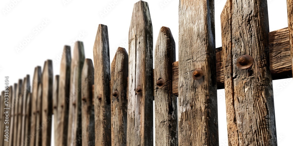 Poster close-up view of a wooden fence on a white background. perfect for use in home improvement or landsc
