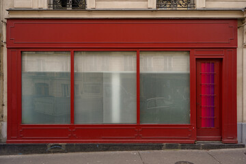 old vintage red storefront facade , european hipster boutique entrance , commercial  vitrine template