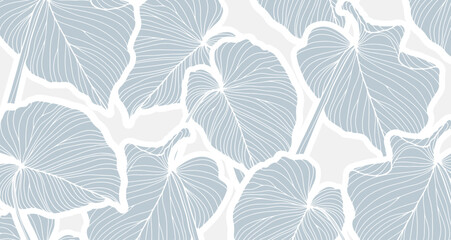 Pale blue tropical background with leaves. Light botanical background, poster, banner, card or cover