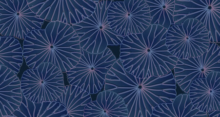 Blue floral vector background with water lily leaves. Abstract background, poster, banner, card, wallpaper or cover