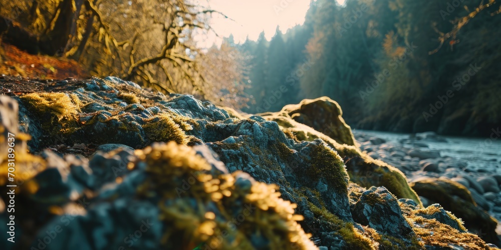 Poster moss-covered rocks sitting at the edge of a flowing river. can be used to depict tranquility and the