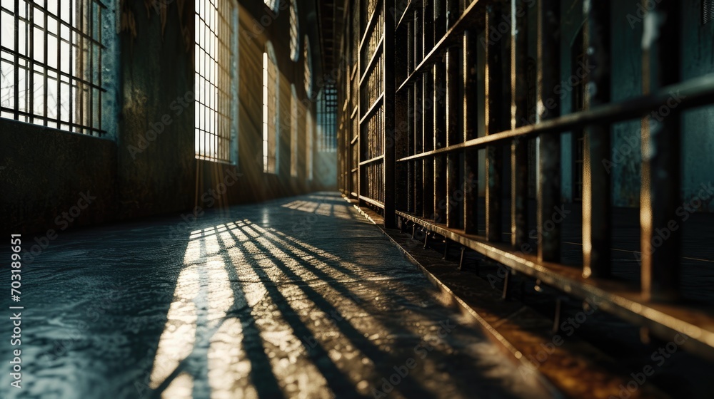 Poster a jail cell with sunlight streaming through the windows. suitable for crime and justice-related conc