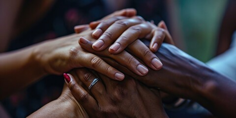 A picture showing a group of people joining their hands together.