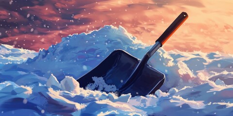 A shovel stuck in a pile of snow. Suitable for winter, snow removal, and outdoor activities - obrazy, fototapety, plakaty