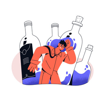 recommend clip art: Alcoholism problems, addiction lineart concept. Addicted drunk man with hangover. Sad drunkard suffers from wine bottles. Excessive alcohol abuse. Flat isolated vector illustration on white background