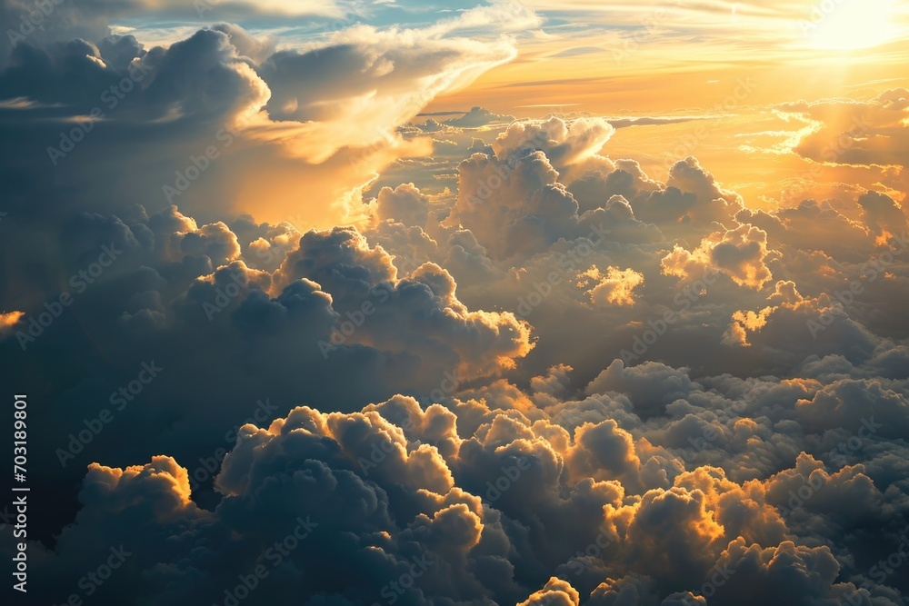 Poster sunlight breaking through the clouds with a serene and peaceful atmosphere. ideal for nature and lan