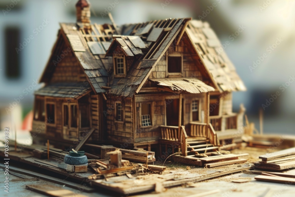 Poster a model of a wooden house placed on a table. suitable for real estate or architecture concepts