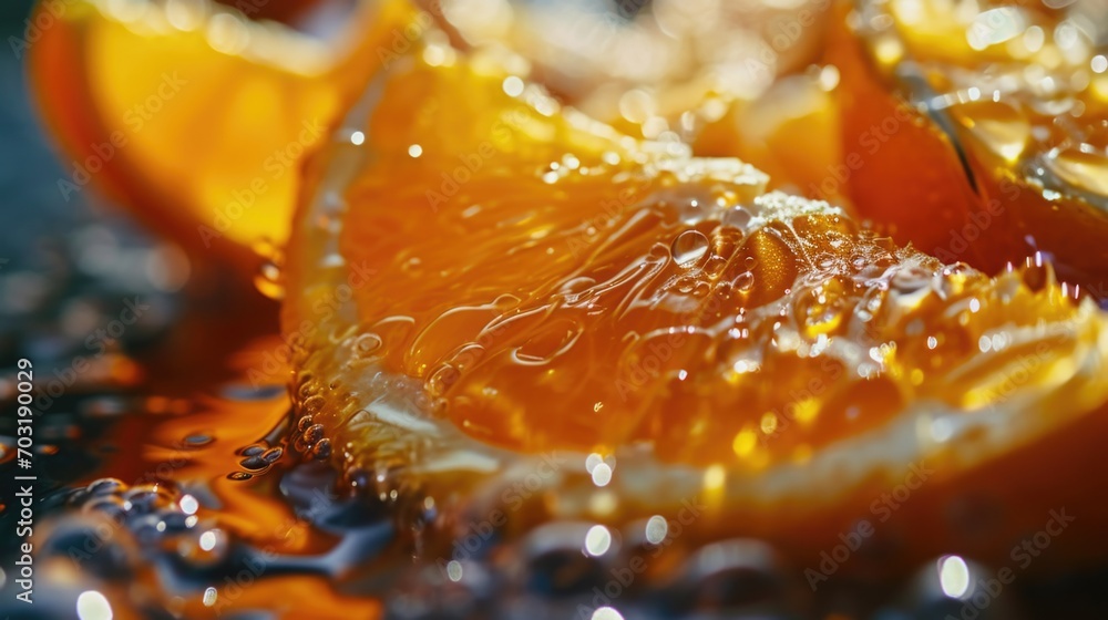 Poster A close-up view of an orange sliced in half. This image can be used to showcase the vibrant colors and refreshing nature of citrus fruits