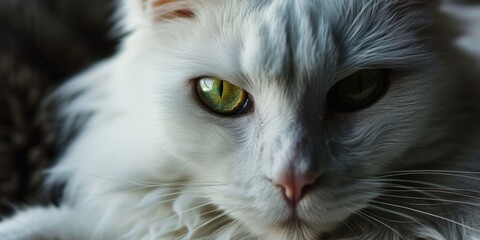 A close up photograph of a white cat with striking green eyes. This image can be used to depict the beauty and elegance of feline companionship