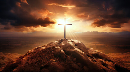 The Holy Cross, symbolizing the death and resurrection of Jesus Christ with the sky above the hill of Calvary, is shrouded in light and the concept of the apocalypse. Easter.