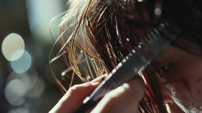 A close-up shot of a person skillfully cutting another person's hair. This image can be used to showcase the artistry and precision of a hairstylist or barber
