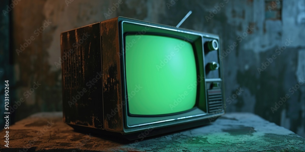 Poster an old television with a green screen is placed on a rock. this image can be used for digital market