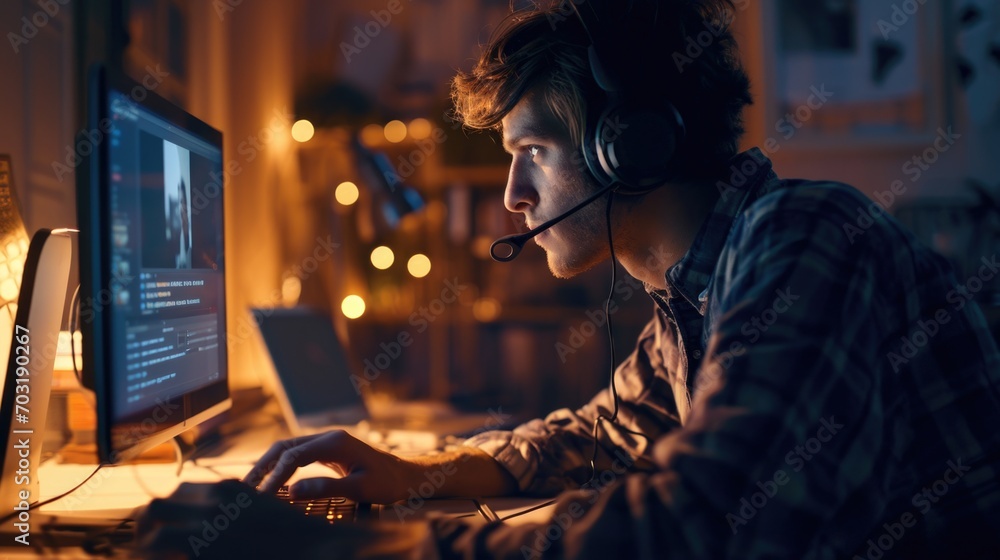 Poster a man wearing a headset is diligently working on a computer. this image can be used to illustrate pr